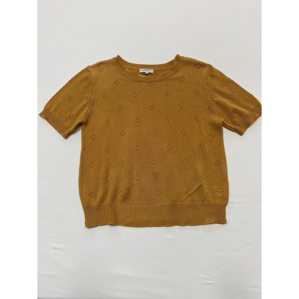 Crescent Medium Mustard Yellow Pointelle Knit Short Sleeve Sweater Top
